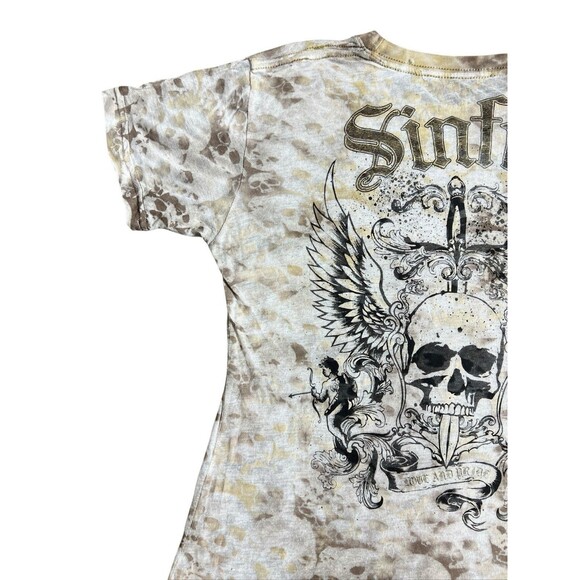 Sinful T-Shirt Womens Brown Y2K Skull Wings Transparent Grunge Distressed HTF - Picture 8 of 12